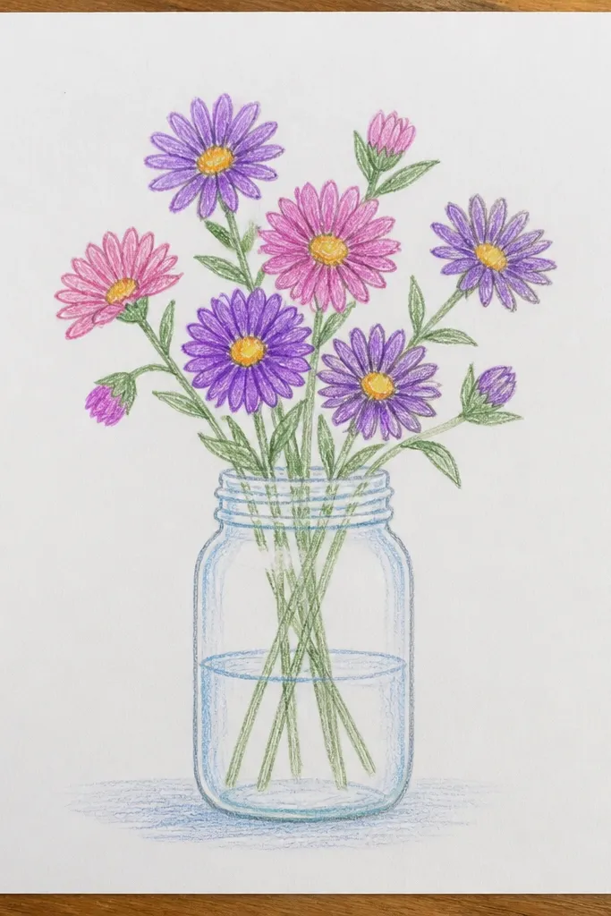 A mason jar drawn as simple rectangle with curved top. Inside are two asters with purple petals and yellow centers. A few small leaves and stems peek out from behind the jar opening.