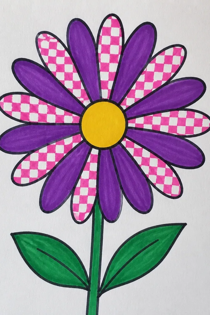 A purple aster where every other petal is colored in a lighter lilac tone, creating a checkerboard rhythm. The center is orange with brown dots. A green stem curves downward left.
