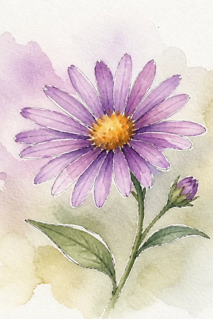 A purple aster with petals that have soft watercolor edges. The center is yellow-orange with darker dots. Behind it is a light wash of pale pink.