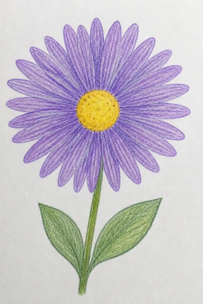 A single purple aster with a yellow center and a three-leaf sprig. The stem is thin and slightly curved. The leaves are three ovals with pointed tips, arranged like a small fan.