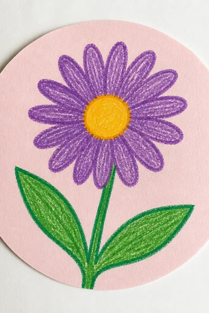 A purple aster centered inside a large faint circle halo. The halo has light pencil rings and a few small dots along the outer ring. The flower has a yellow-orange dot center and short petal strokes.