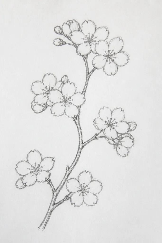 A clean sketch shows one slightly slanted branch drawn in dark pencil. Five small blossom clusters sit along it, each cluster made of tiny curved petal strokes around a dot center. The background is blank white with a few faint shadow marks under the petals.