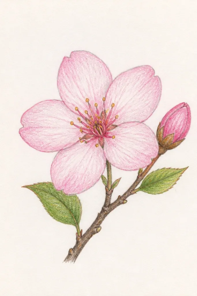 A rectangular card border is filled with small cherry blossoms along the edges. The corners have slightly larger clusters, while the sides have evenly spaced smaller blossoms. Inside the rectangle the paper stays blank, with only a faint center guide line.