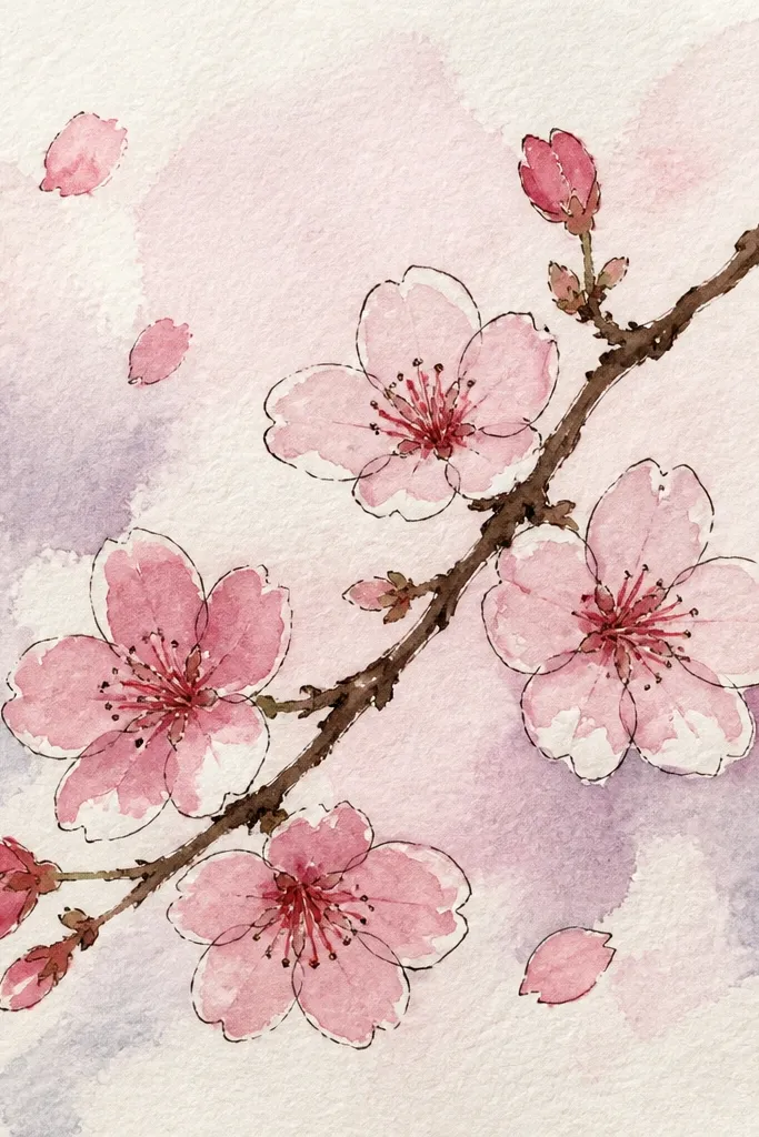 A main branch rises from the bottom left, and several blossoms float downward across the page. Some petals are drawn as partial clusters, with one or two petals separated as if drifting. The background is mostly white with a few faint motion specks.