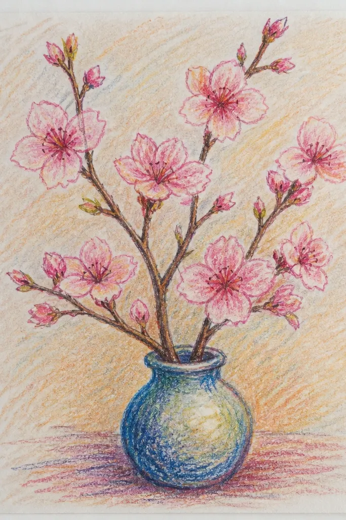 A simple vase shape sits at the bottom center. Branches rise from the vase neck with small blossom clusters along them. The vase has a light outline and a few gentle shading lines to suggest roundness.