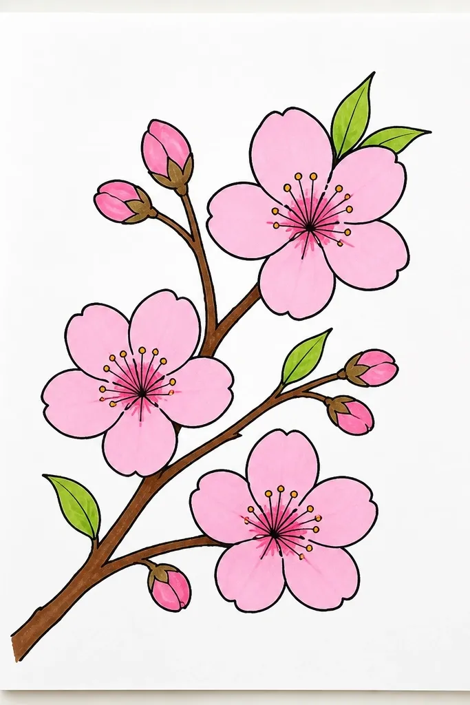 A thick-ish branch line sweeps diagonally across the page. Three large cherry blossoms sit at different points along the branch, each with many petal strokes. Smaller twig marks appear near the edges, and the rest of the page stays minimal.