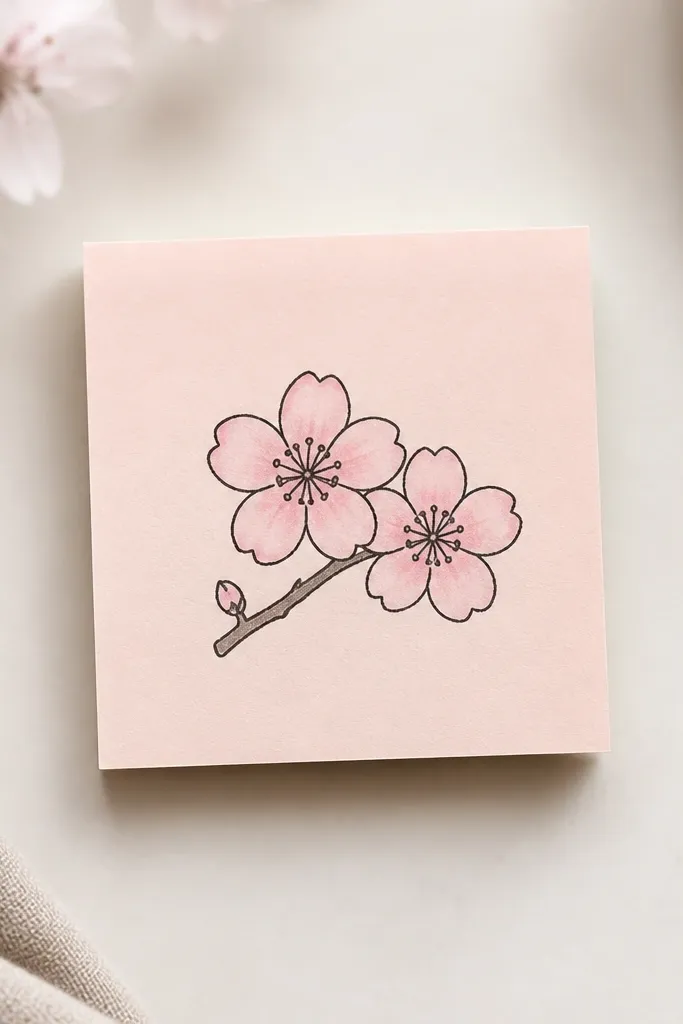 A small square sticky-note style drawing shows two chibi-like blossom clusters with big round centers. The branch is a short curve, and the blossoms look slightly cartoonish with fewer petals. Soft pink coloring fills the petals lightly.