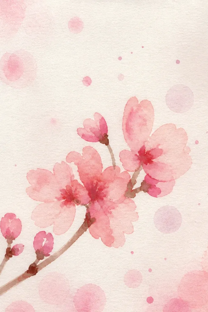 Cherry blossom branches fill the upper half of the page. The background is covered in tiny evenly spaced dots in very light gray. Blossoms have pink petals and white highlights, and the dots fade slightly near the branch.