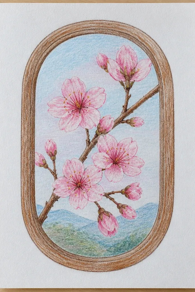 A rectangular window frame is drawn with thin lines. Inside the window, a branch stretches upward with blossoms. Outside the window area is left blank, and a few faint diagonal lines suggest light from the side.