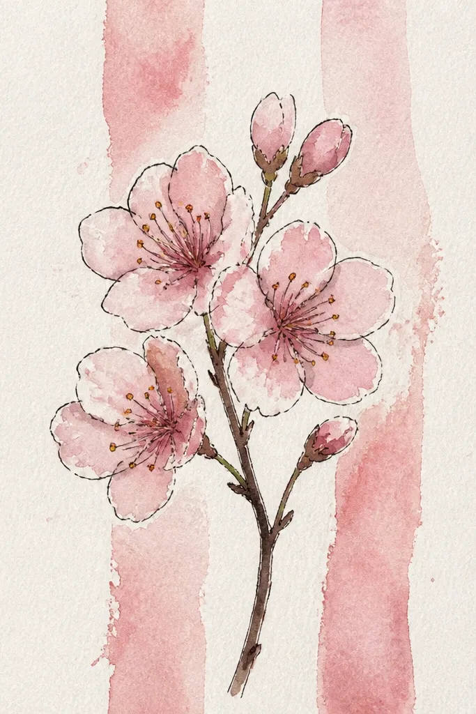 The page has alternating pale stripes in very light gray and white. Blossoms appear on the stripes, with petals colored soft pink. The branch lines sit mostly on stripe edges for contrast.