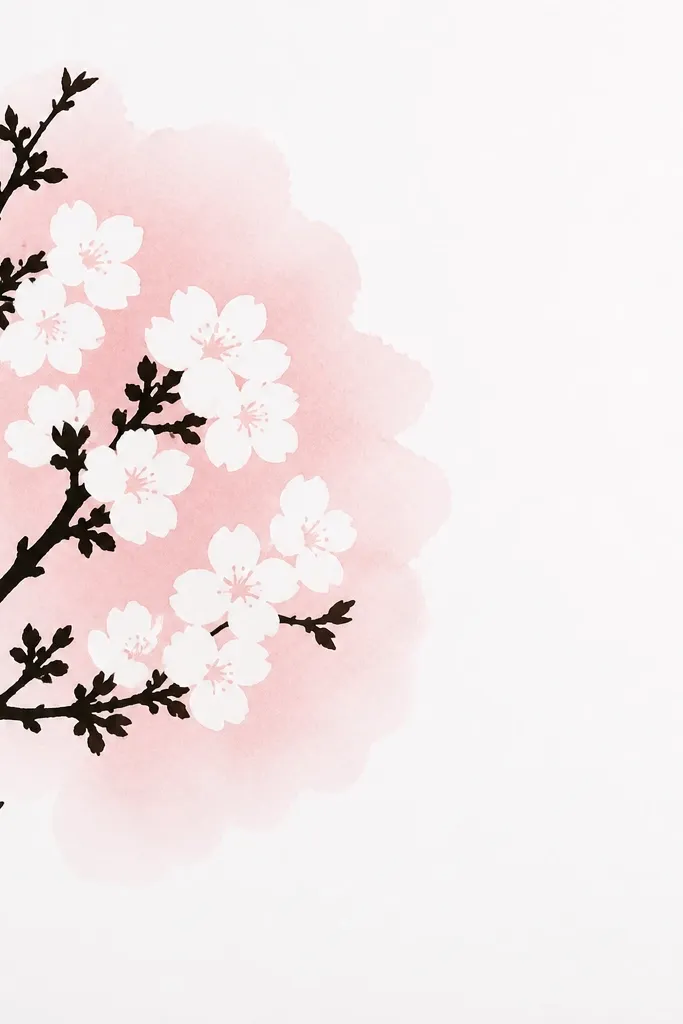 A branch silhouette fills the left side, with blossom shapes carved out as lighter areas. A single soft pink wash sits behind the blossom cluster area. The rest of the page is white with crisp branch edges.