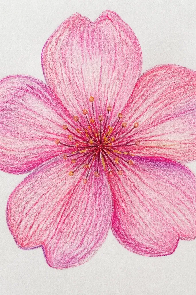 A circle umbrella top is drawn with spokes radiating from the center. Cherry blossoms bloom along the edge and near the spokes. Petals are light pink with small white gaps, and the umbrella fabric is lightly shaded.