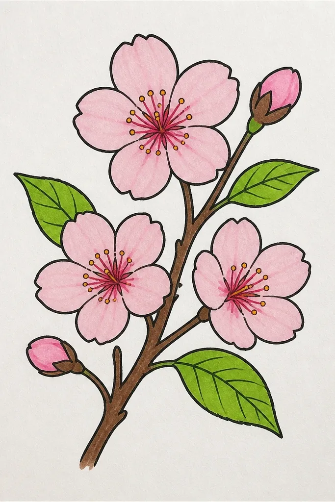 A branch holds both blossoms and a few leaves. Each leaf is drawn with an almond shape and a single center vein line. Blossoms have clustered petals with tiny centers, and the leaf edges are clean.