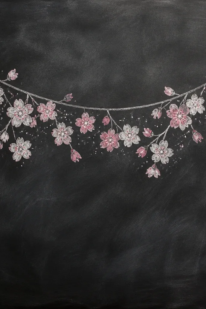 A dark gray chalkboard-style rectangle fills the page. A curved garland line runs across it with blossom clusters hanging down. Blossoms are drawn in white and pale pink, with tiny chalky speckles around them.