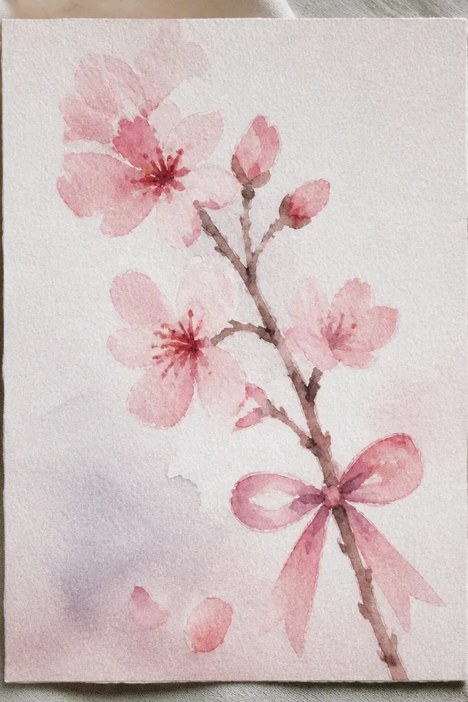 A branch with blossoms curves upward while a single ribbon bow sits near the middle. The ribbon has two loops and a small knot. Blossoms are light pink, and the ribbon is a muted rose or soft gray.