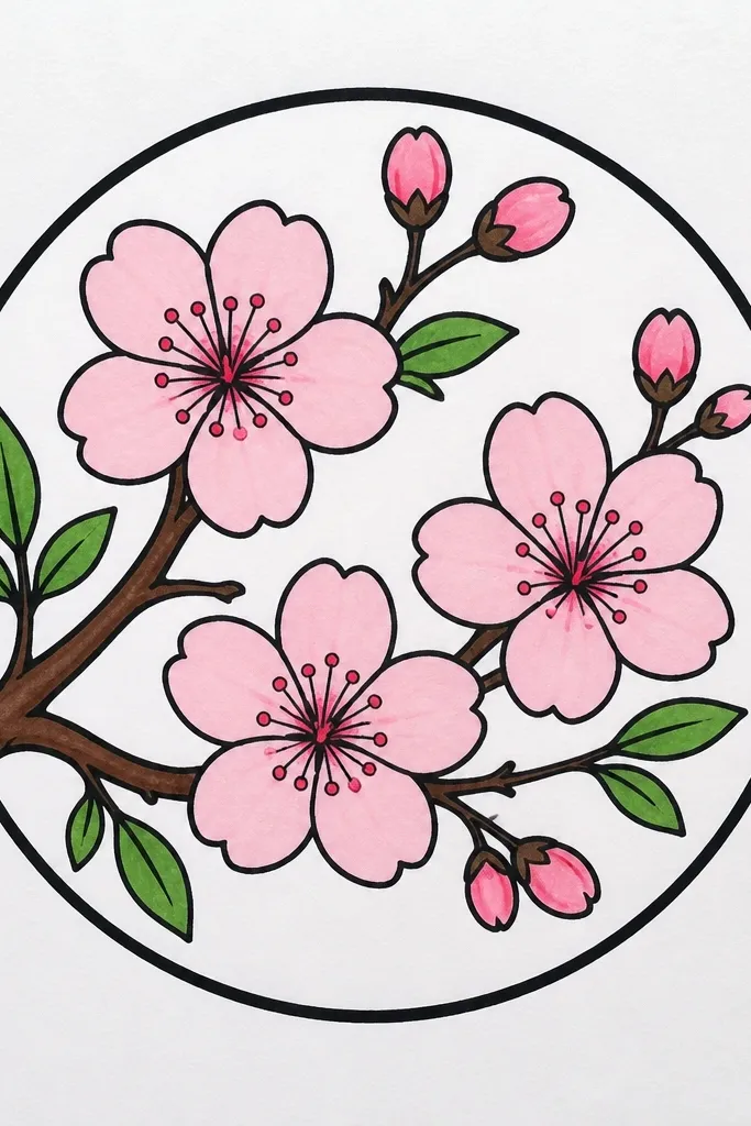 A large circle medallion sits centered on the page. Blossoms cluster along the inside edge like a wreath, with a few blossoms drifting inward. The circle border is drawn thick, and the background inside stays mostly white.