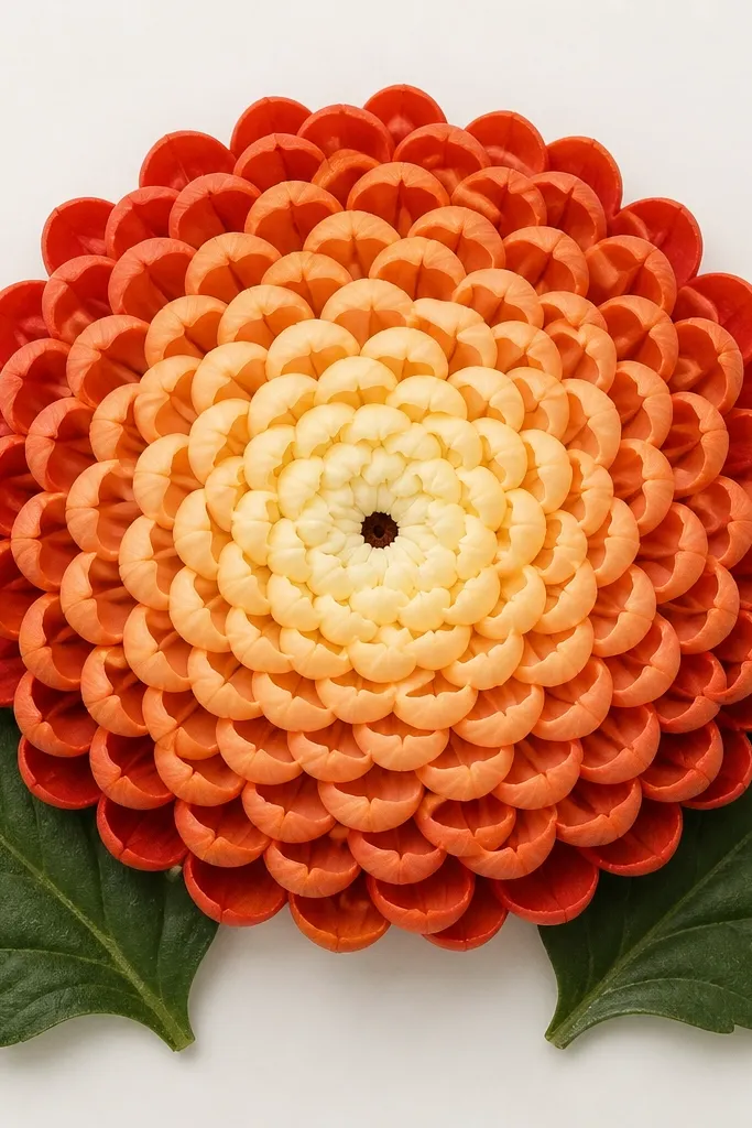 A centered chrysanthemum with a small dark dot center. Petals form 5-6 outer rings made of short comma shapes, each ring slightly larger and darker at the edges. Two simple green leaves sit at the bottom left and bottom right.