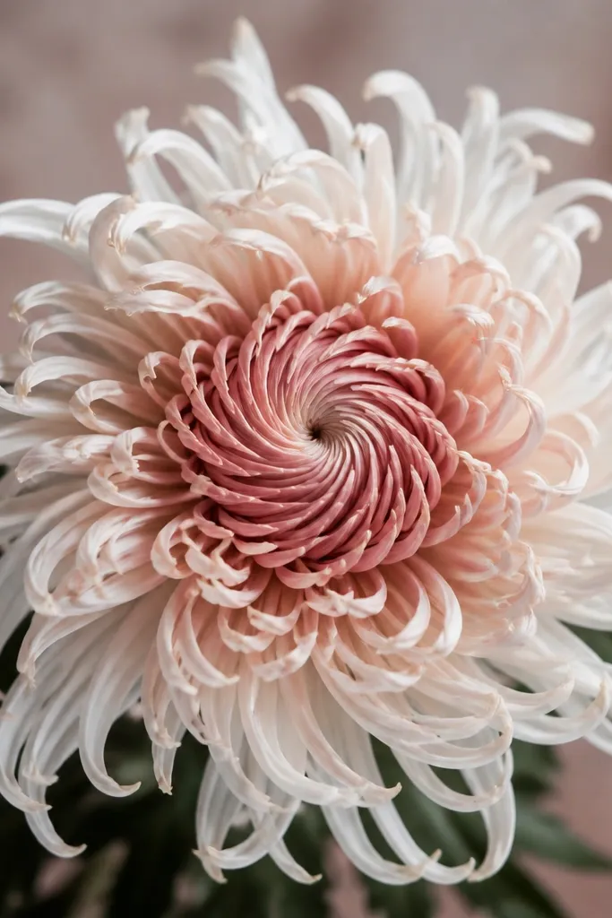 A chrysanthemum where the center is a tight spiral. Petals are thin, feather-like curves that radiate outward in uneven lengths, creating a soft, airy texture. The outer petals are lighter in color.