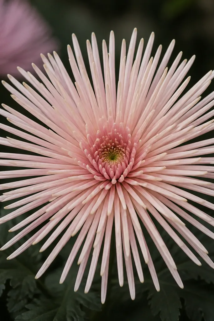 A chrysanthemum with a starburst pattern. The center is a small circle, and petals are narrow, straight-ish strokes that curve slightly, radiating like a sunburst. The outer edge looks crisp and spiky.