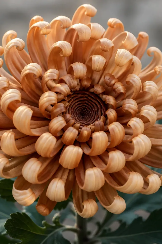 A chrysanthemum where petals look like rolled ribbons. Each petal is a thick curved shape with a tiny curl at the end. The center shows a rolled swirl pattern in darker brown.