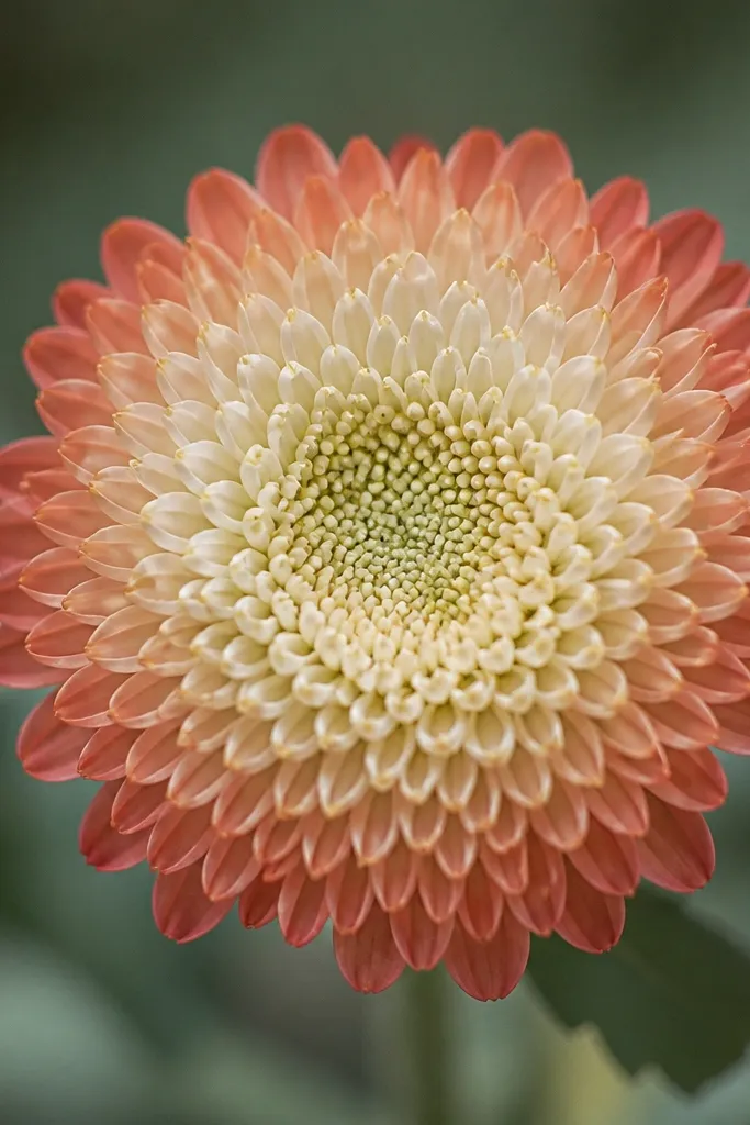 A chrysanthemum with a center made of many tiny dots. Petals are short curved strokes around it, grouped into 4-5 rings. The outer petals have a soft gradient from darker at the tips to lighter near the center.
