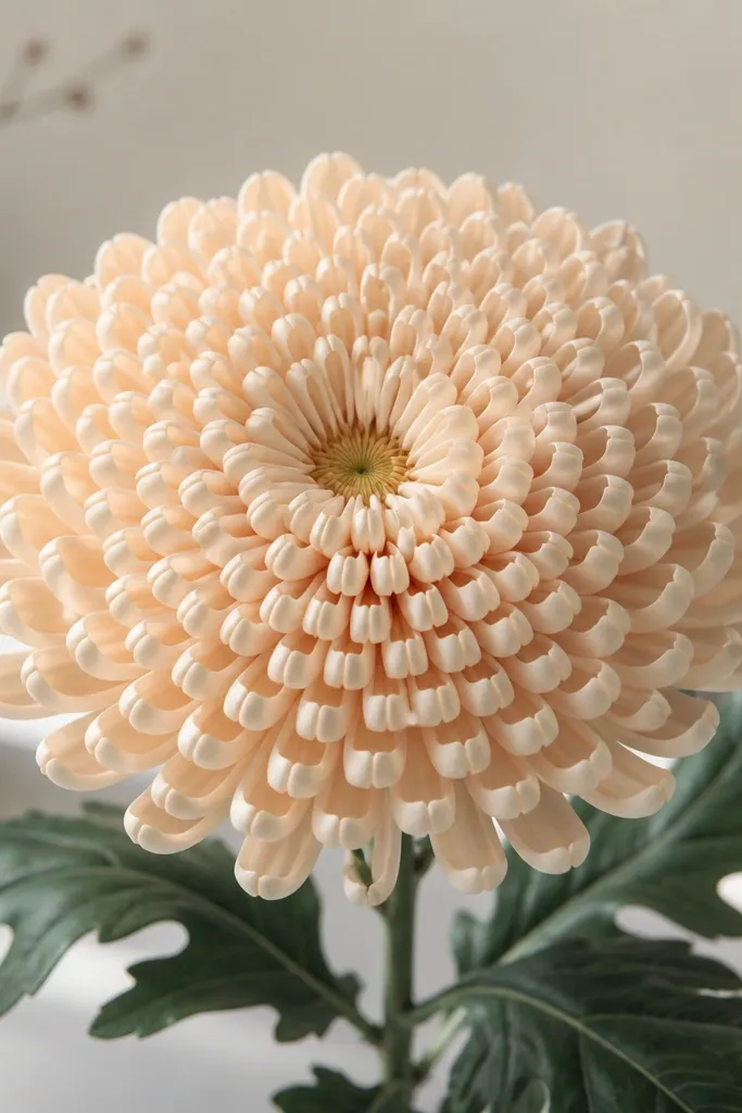 A chrysanthemum drawn like a ladder pattern. Petals look like small rectangles with rounded ends, arranged in stacked rows that curve outward. The center is a small circle with a few short lines radiating.