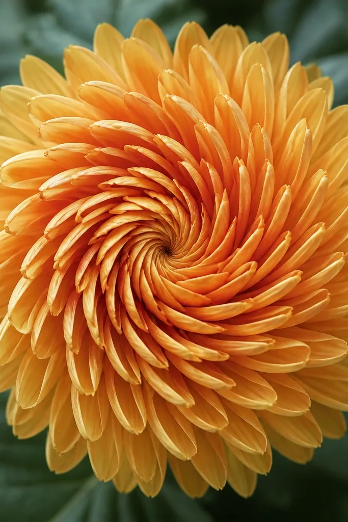 A chrysanthemum where petals spiral outward like a whirl. The center is a small spiral, and petal shapes follow the spiral path, creating a tight, flowing swirl. Outer petals form a broad circle.