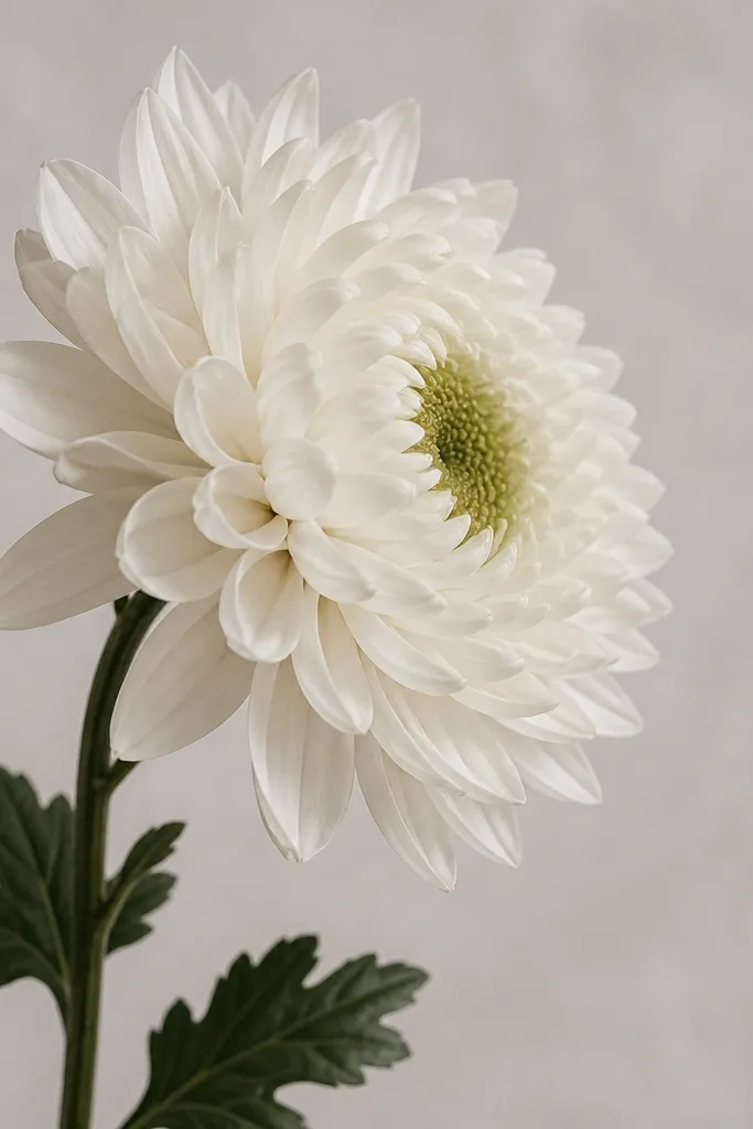 A chrysanthemum drawn as if viewed from the side. The left side has full petals, and the right side has shorter, partially hidden petals. The center is visible but slightly offset.