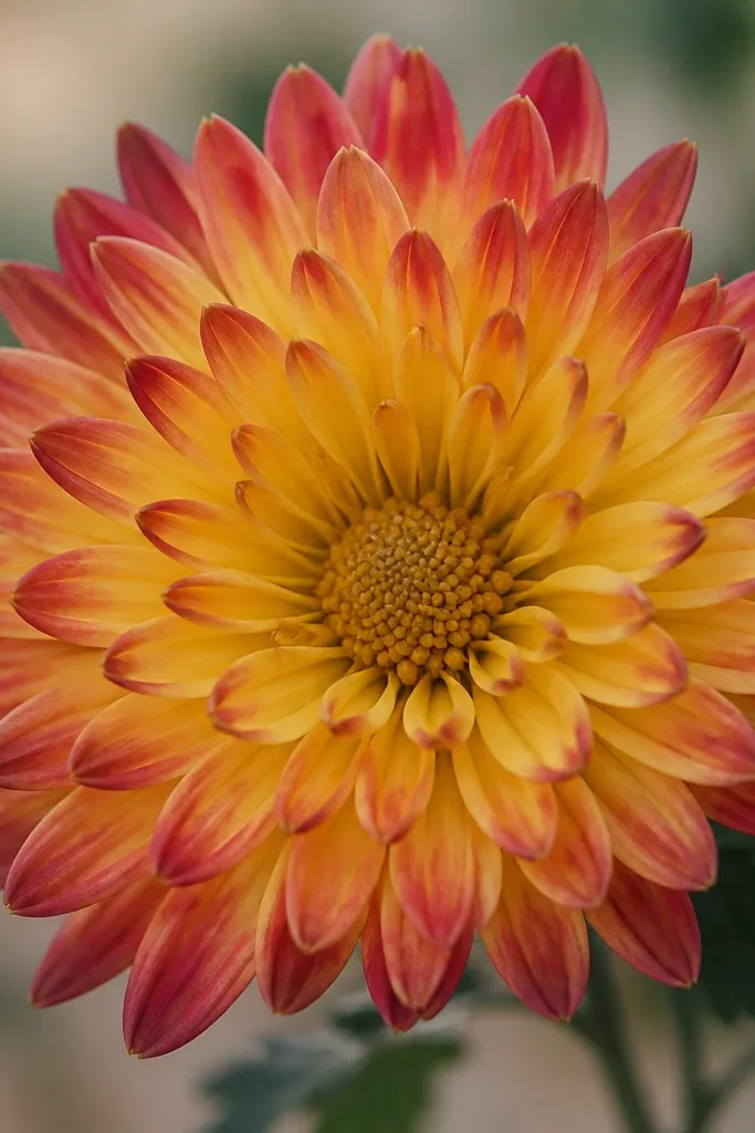 A chrysanthemum with petals that are one base color and a different color at the tips. The center is a yellow-brown circle. Petals show a clear two-tone gradient from base to tip.
