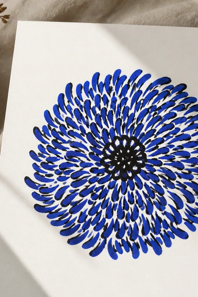 A bold chrysanthemum drawn entirely with black marker and a single color. The center is a thick black blob with little white gaps. Petals are short curved strokes that look slightly raised.