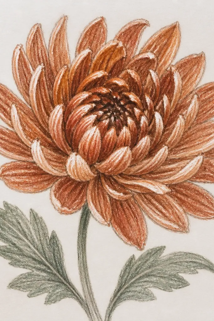 A chrysanthemum outlined in light pencil with crayon used for petal highlights. The petals are filled with one medium tone, and the crayon lines create lighter streaks that shimmer. The center is darker with small highlight strokes.