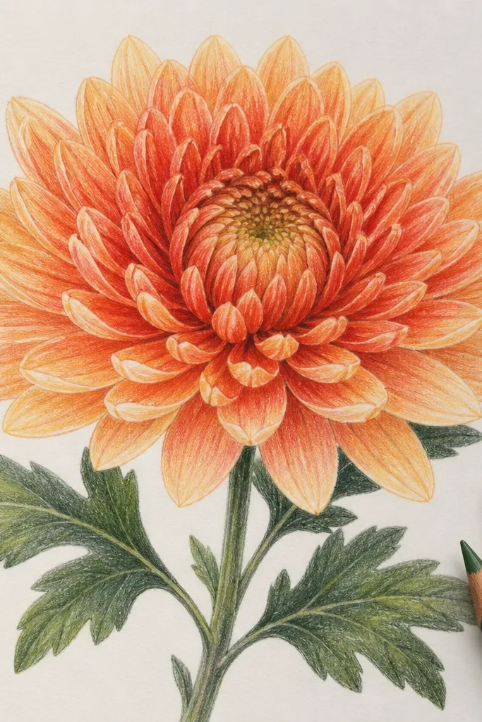 A chrysanthemum drawn with colored pencils. Petals show layered shading: darker near the center and lighter at the tips. The center has a textured look with pencil dots and short lines.