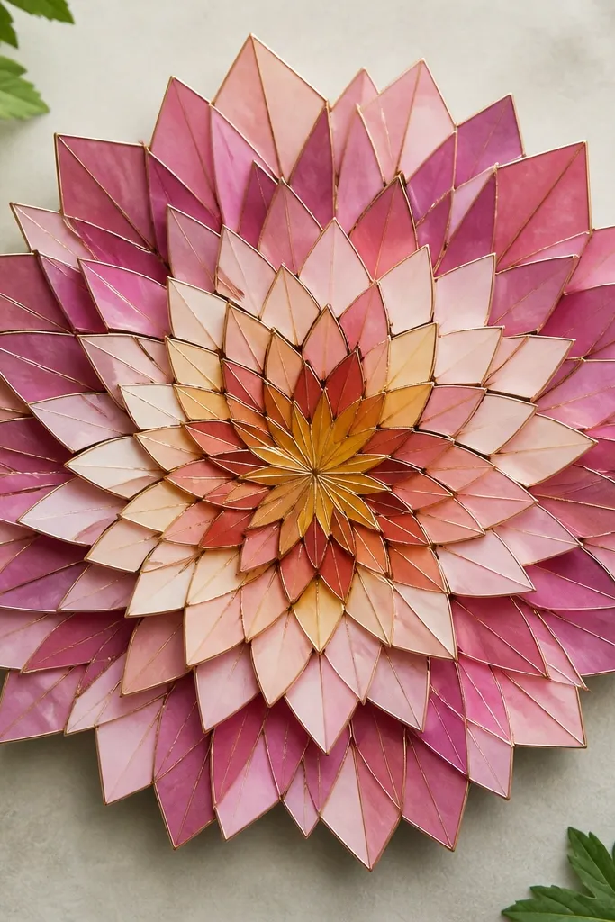 A chrysanthemum made of faceted petal shapes. The petals are small triangles and trapezoids arranged in rings, creating a stained-glass feel. The center is a tighter geometric cluster.