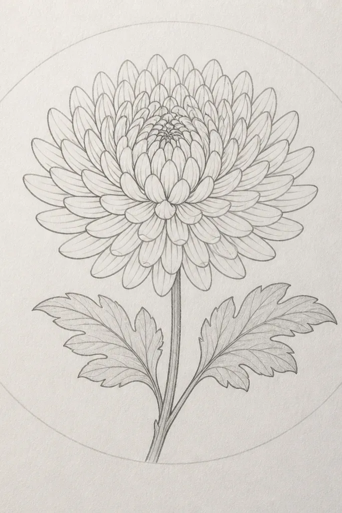A chrysanthemum traced using a circle template. The petals look consistent in size, drawn as curved strokes in multiple rings. The flower sits inside a faint traced circle border, and a stem and leaves are drawn below.
