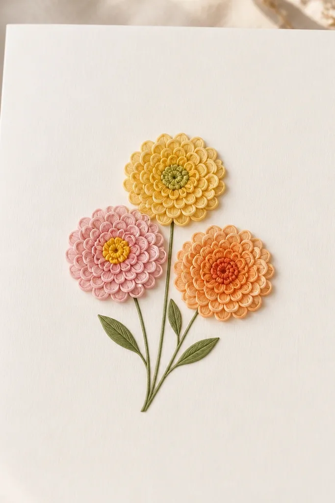 Three small chrysanthemum flowers clustered on a card. Each flower has 3 rings of small comma petals, with different centers. The stems are thin and connect under the cluster. Leaves are simple teardrops.