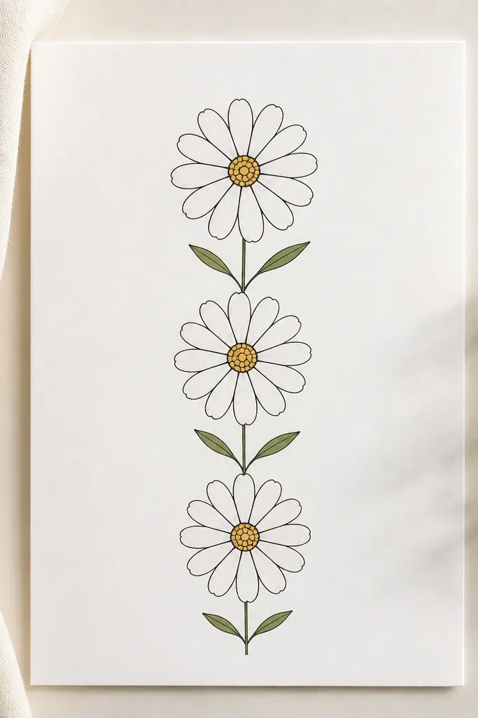 A page shows three daisies in a vertical stack. Each daisy has a small round center filled with tiny dots, and exactly 12 white petals drawn as smooth arcs that overlap. The stems are thin green lines with two simple leaf shapes on the sides.
