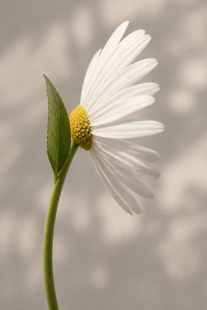 A single daisy is drawn from the side, with petals only on one side of the center. The center is a small circle with dot texture, and the petals arc outward like a fan. The stem curves slightly, and a single leaf sits behind the center.