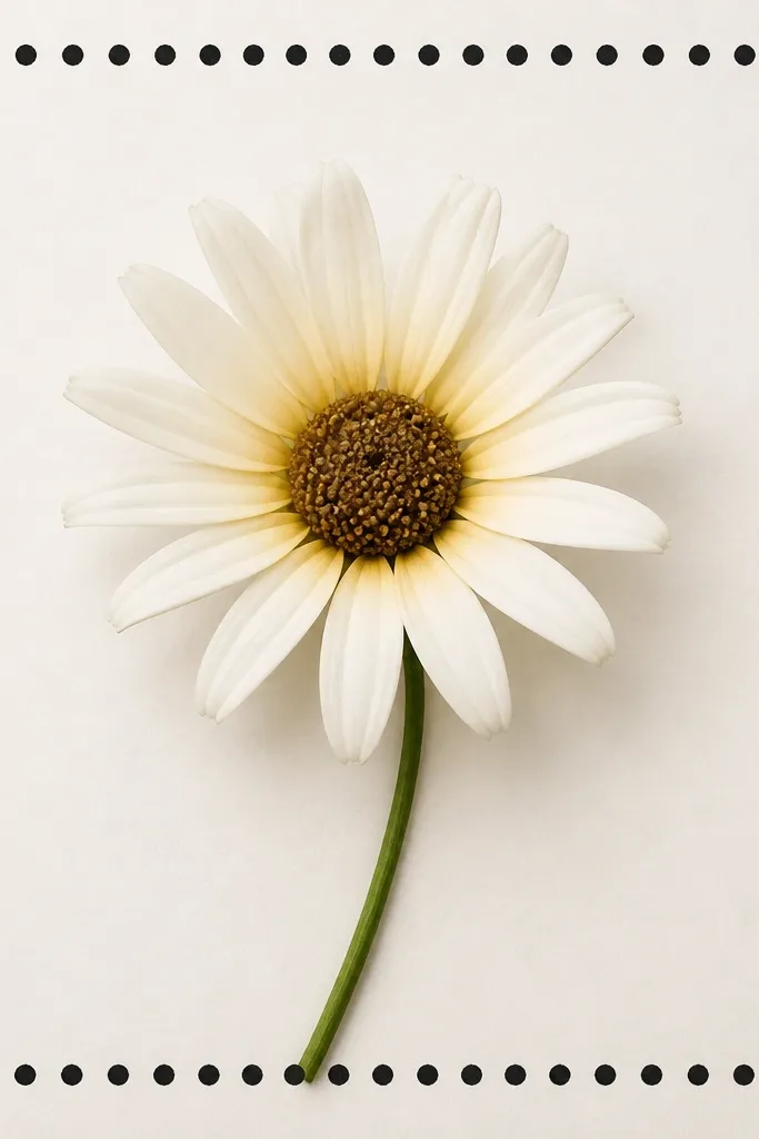 A daisy sits centered inside a rectangular border made of evenly spaced polka dots. The petals are white with a light yellow wash, the center is dotted brown, and a thin green stem runs diagonally upward. The border dots are black ink dots.