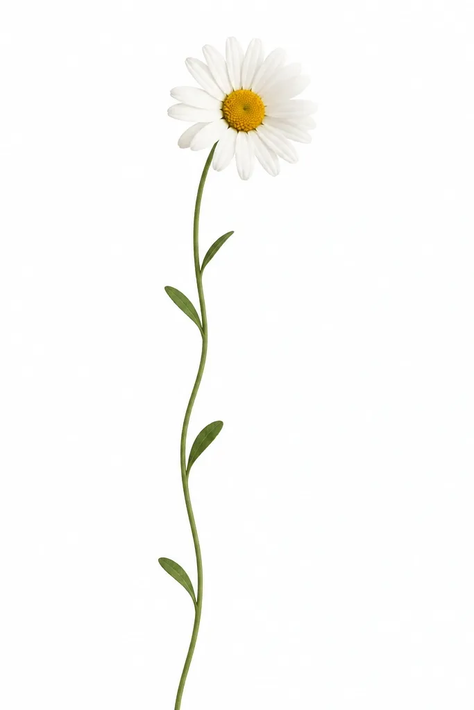 One daisy sits at the top of a long wavy green stem. The petals are simple arcs, the center is a circle with small dot texture, and the leaf shapes are small and spaced along the stem. The background is plain white.