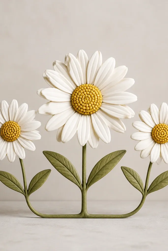 Three daisies sit in a neat row, one large in the center and two smaller ones flanking it. Each daisy has a dotted center and overlapping petals. Stems connect to a shared base line, and the leaves are simple pairs.