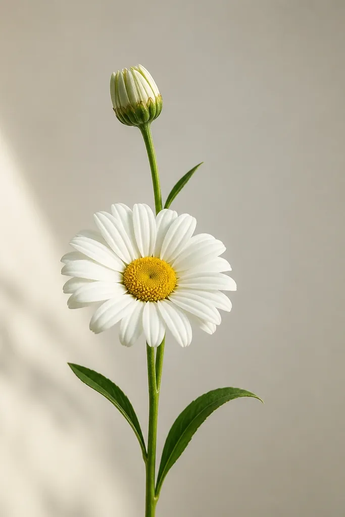 A taller stem holds a closed bud at the top and a full daisy bloom below it. The bud is a small oval with layered petal tips, and the bloom has classic arcs and a dotted center. The leaves are simple and slightly curved.