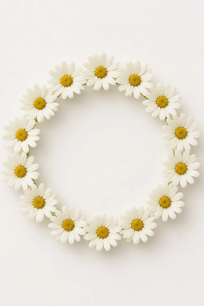 A small circular wreath is made from repeating daisies around a ring. Each daisy shows a small dotted center and 10-12 petals, and the ring looks like a bracelet. The background is blank, and the wreath sits centered.