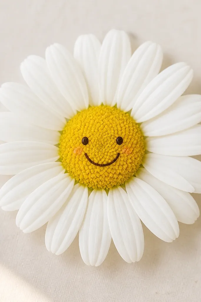 A daisy head is drawn like a face: petals form the outline, the center has dot texture, and two small dot eyes and a curved smile sit inside the center area. Tiny cheek dots appear near the center. No stem is shown.