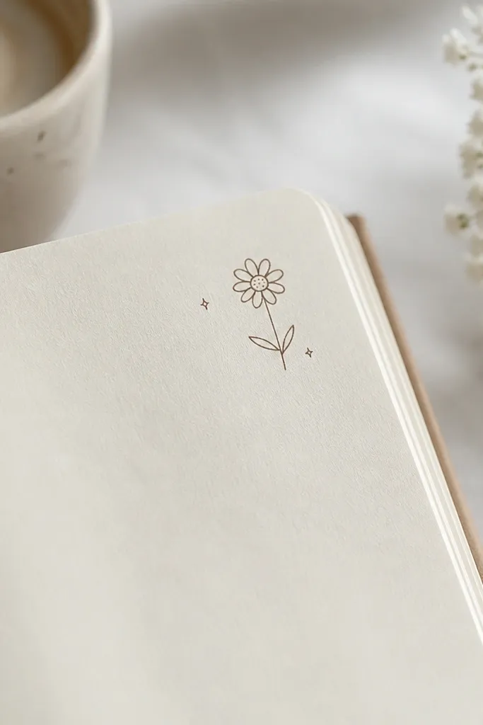 A small daisy is drawn in the top corner of a page. The petals are simple arcs, the center is dotted, and two tiny leaves sit along a short stem. There are also two small sparkly dots around it.