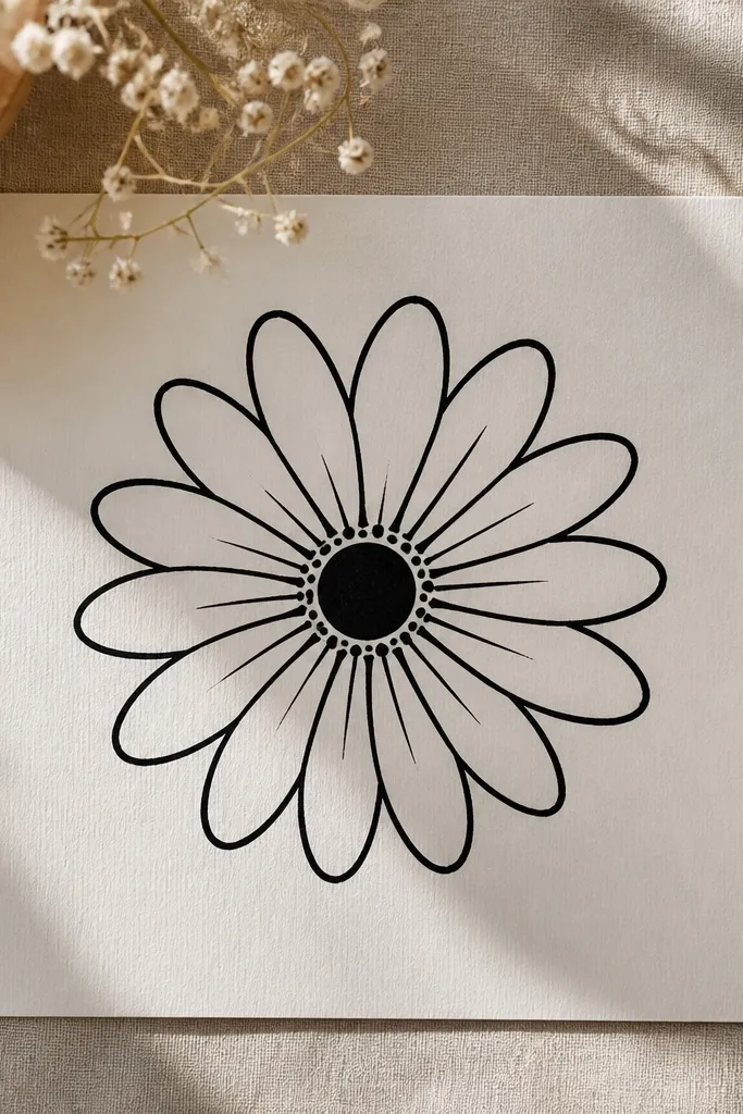 A daisy is drawn using only black marker lines. The petals are clean curved strokes, and the center is a solid circle with a ring of tiny dots. There is no pencil sketch visible.