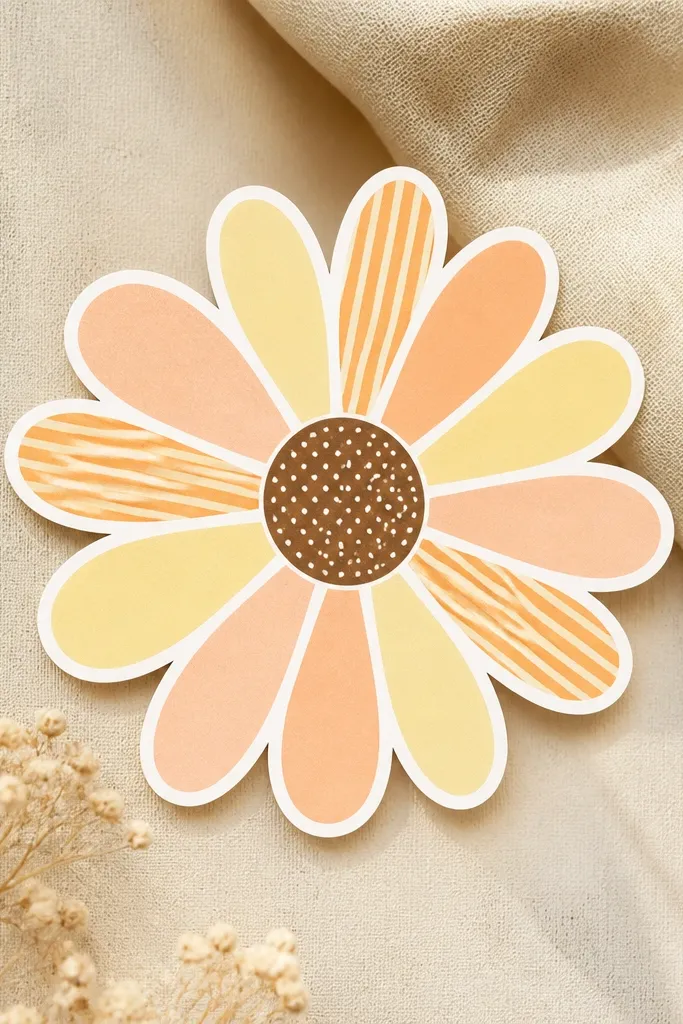 A daisy is drawn with white outlines and each petal has a simple color block pattern. Some petals are pale yellow, others are pale peach, and a few have light orange stripes. The center is dotted brown.