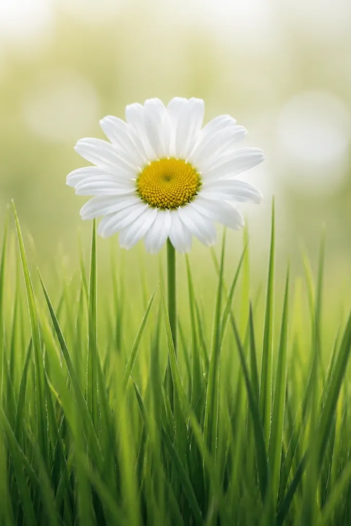 A daisy sits above a bed of grass drawn as many thin, vertical blades. The daisy has classic petals and a dotted center, and the grass is green with a few darker blades. The stem is partially hidden by the grass.