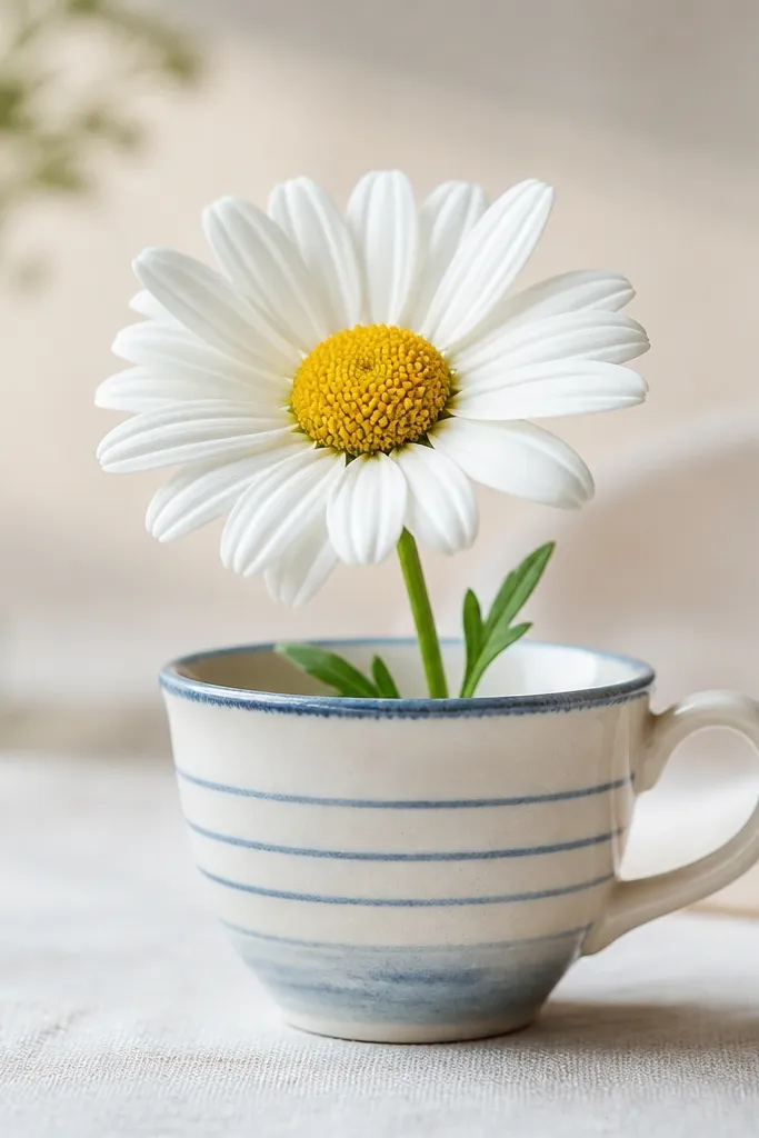 A small teacup is drawn with a curved handle on the right. A daisy grows from the cup, with petals and dotted center visible above the rim. The cup has simple horizontal stripes and a light wash shading.