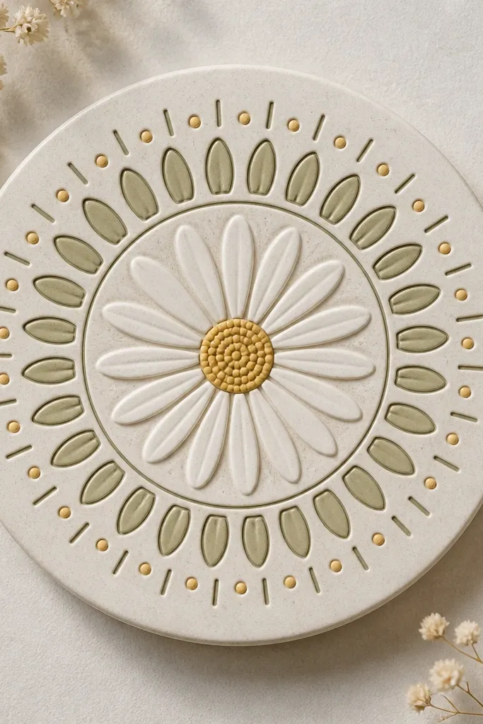A circular design shows a daisy in the center with petals, then a ring of small repeated petals or teardrop shapes around it. Outside that ring are tiny dots and short lines like a simple mandala. Everything is symmetrical and clean.