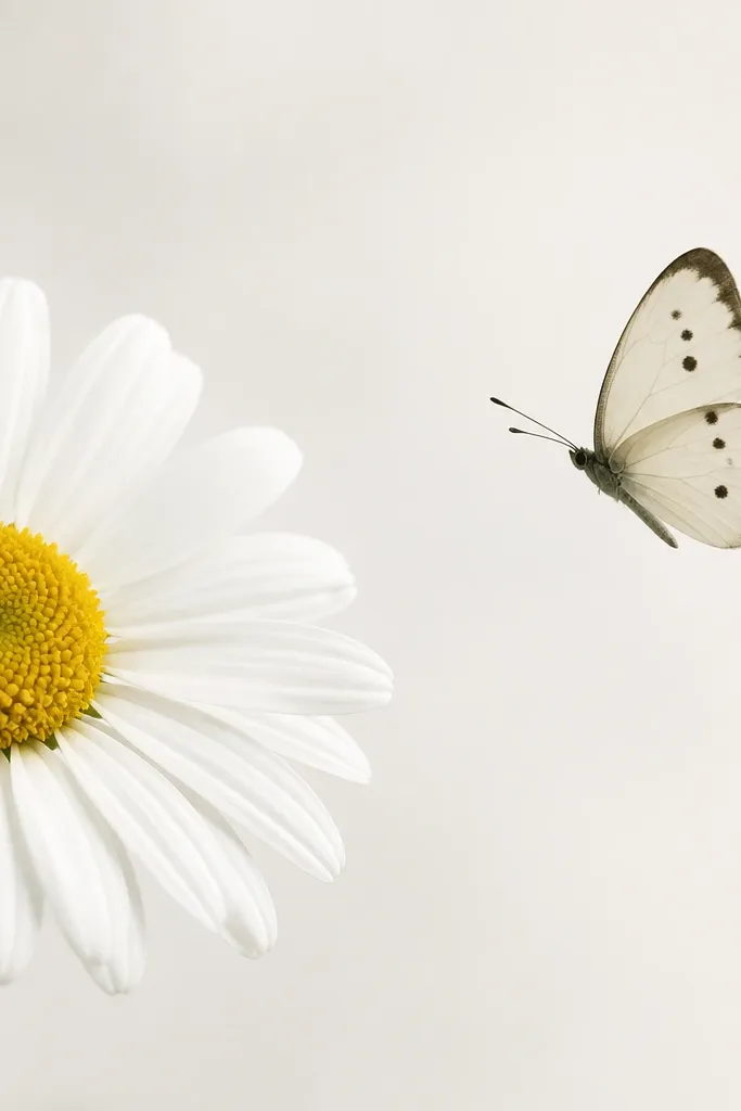 A daisy sits on the left with dotted center and overlapping petals. A butterfly flies to the right with two wings made of simple curved lines. The butterfly has tiny spots, and the background stays mostly blank.